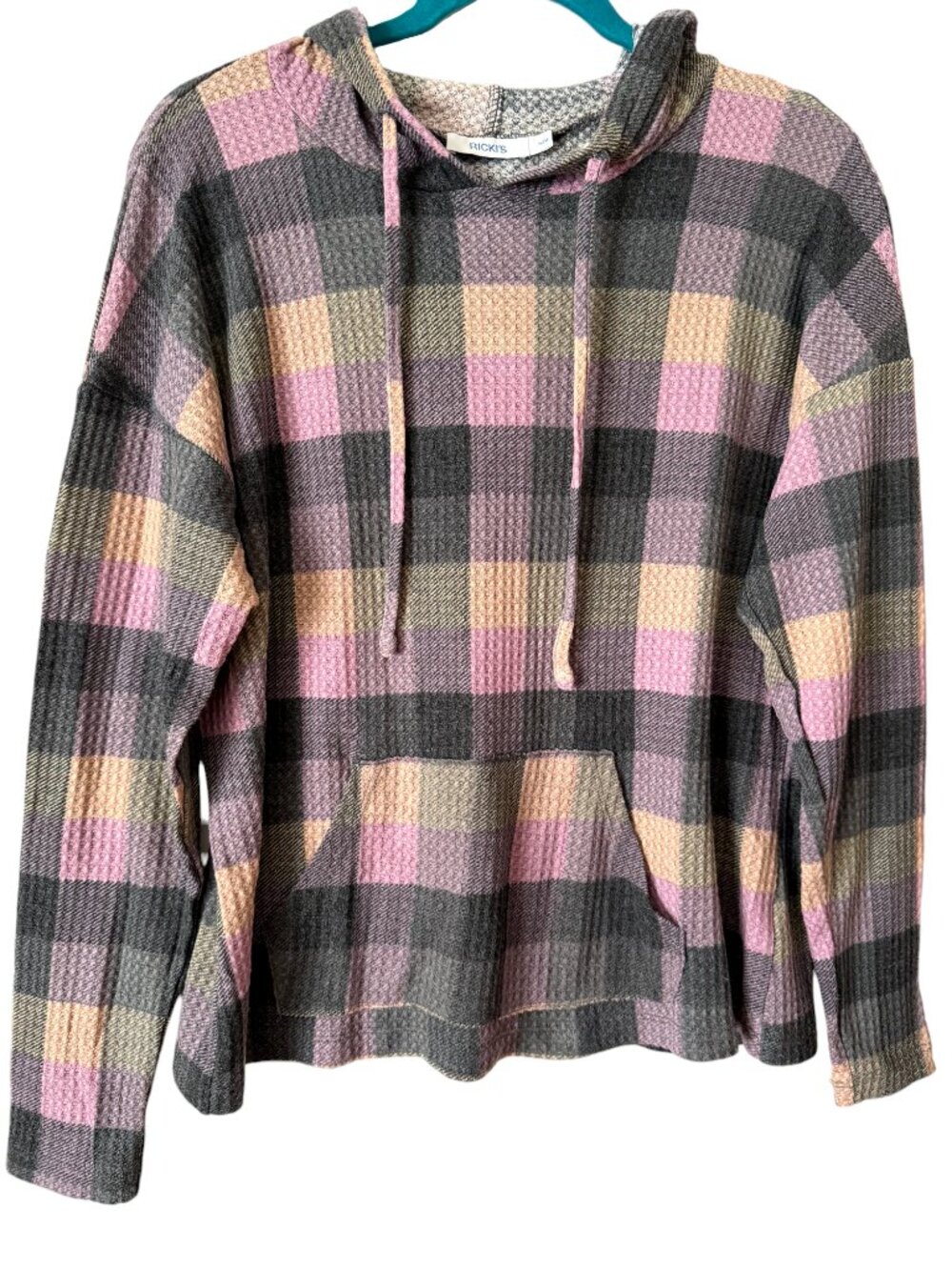 Ricki's Women's Plaid Waffle Knit Pullover Hoodie  Size Medium